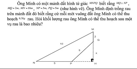 Toán 9: Ông Minh có một mảnh đất hình tứ giác MNPQ biết rằng MQ_|_NP, MQ = 2m, MN