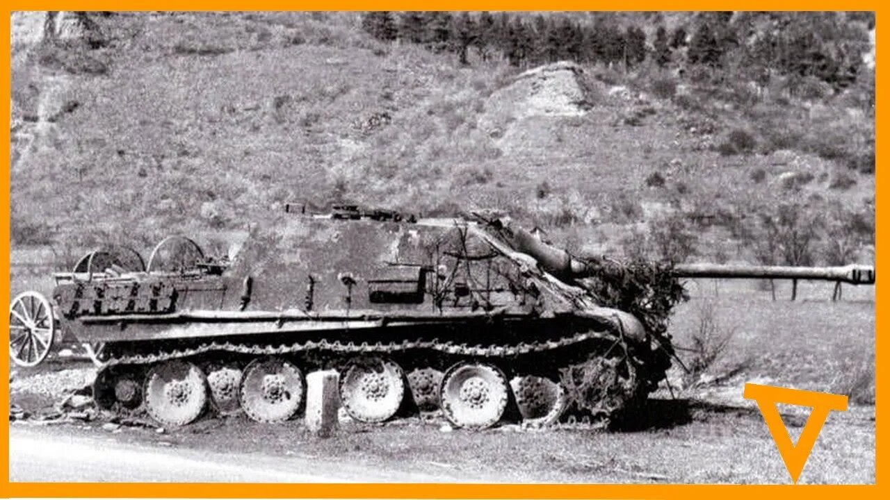 French M10 Wolverine ramming through wall and destroying Jagdpanther, Germany 1945.