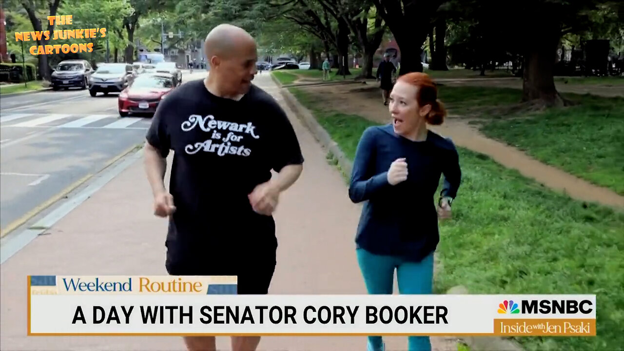 Democrat Spartacus Booker: "I'll break through the 500 days in a row of running." Democrat Psaki: "Wow! You're like the postal service."