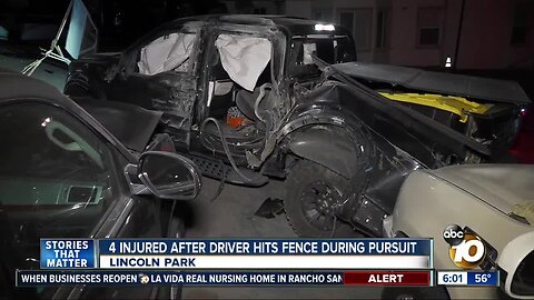4 hurt after truck in pursuit hits fence