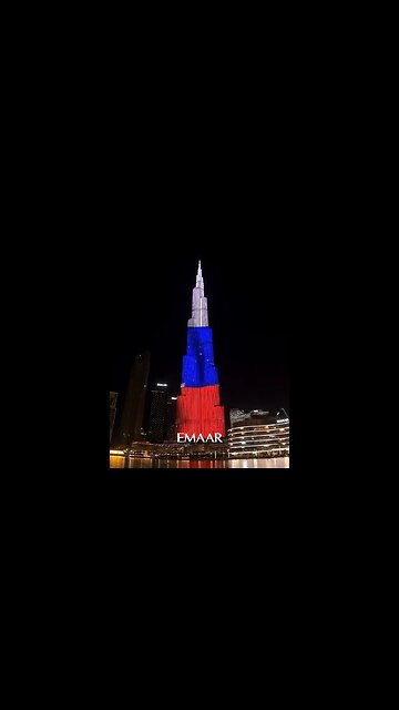 Burj Khalifa skyscraper in Dubai lit up for Russia Day.