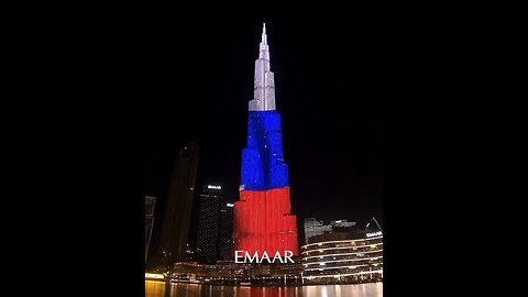 Burj Khalifa skyscraper in Dubai lit up for Russia Day.