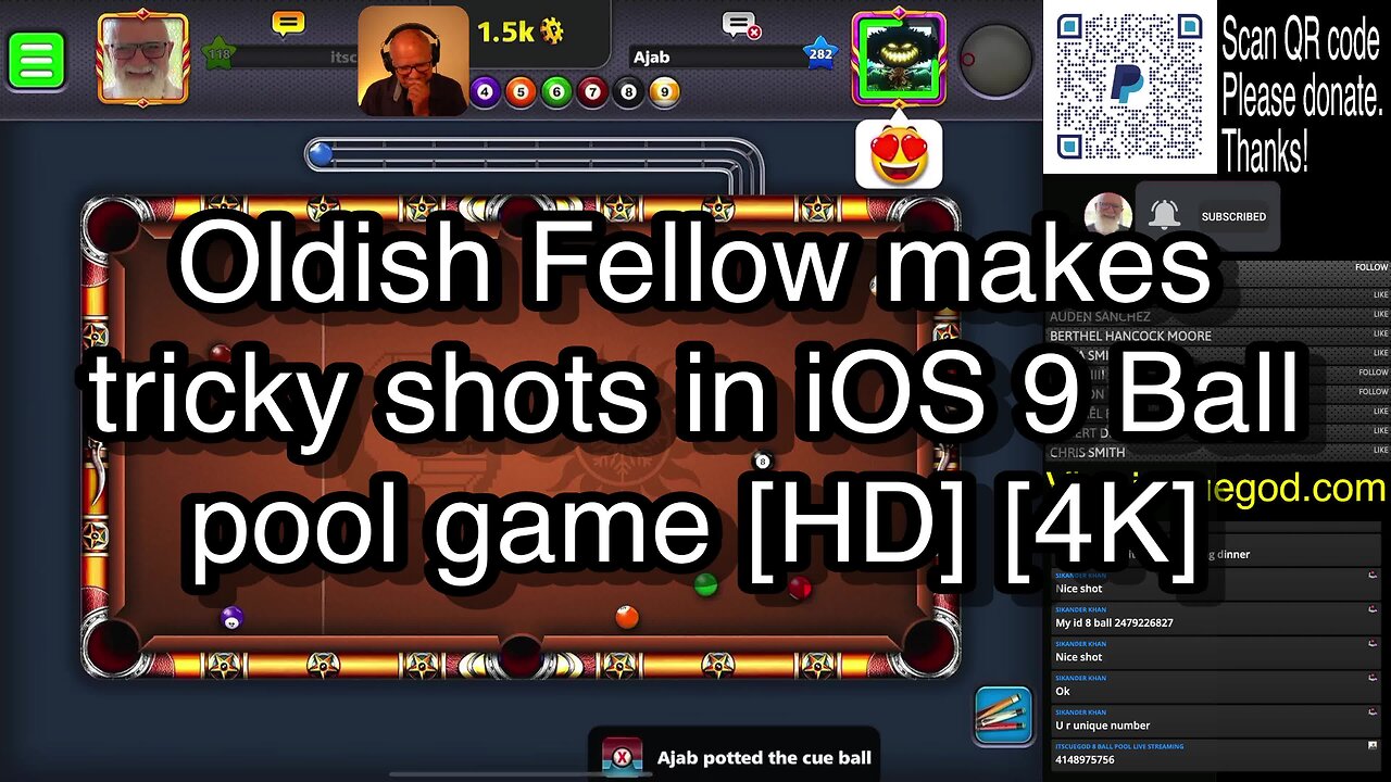 Oldish Fellow makes tricky shots in iOS 9 Ball pool game [HD] [4K] 🎱🎱🎱 8 Ball Pool 🎱🎱🎱