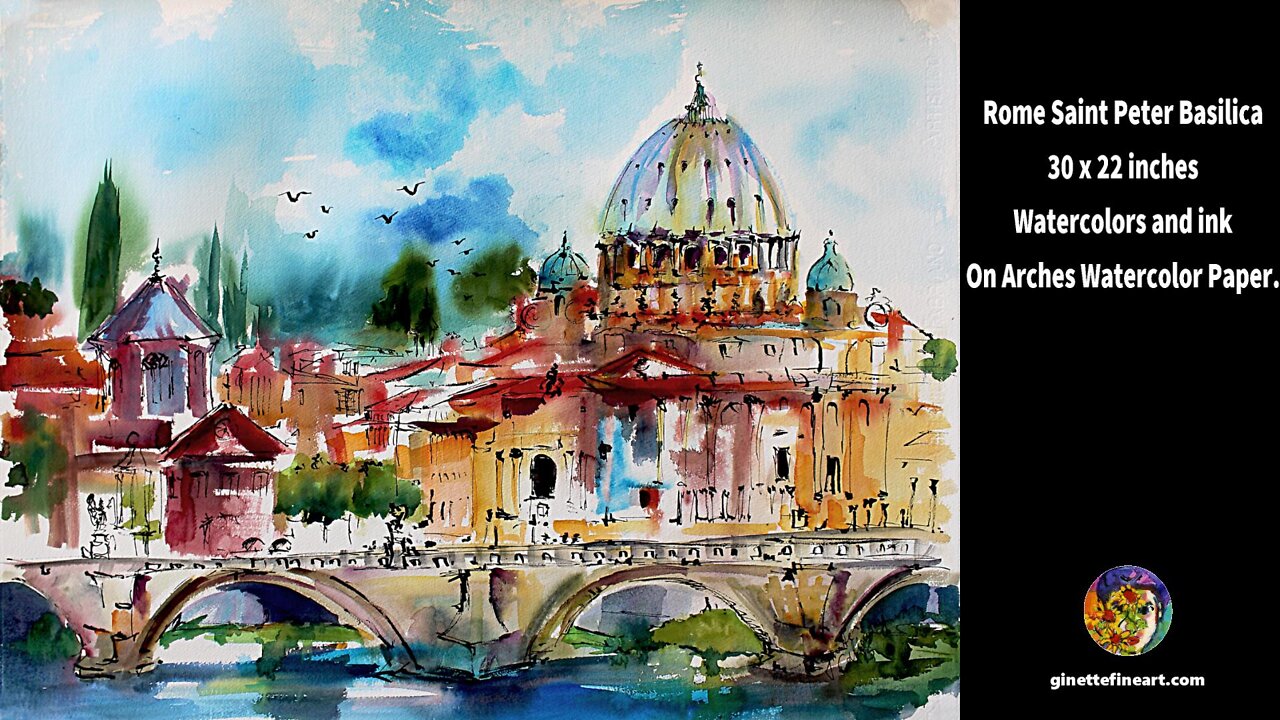 Watercolor Painting of Rome Saint Peter's Basilica by Ginette Callaway