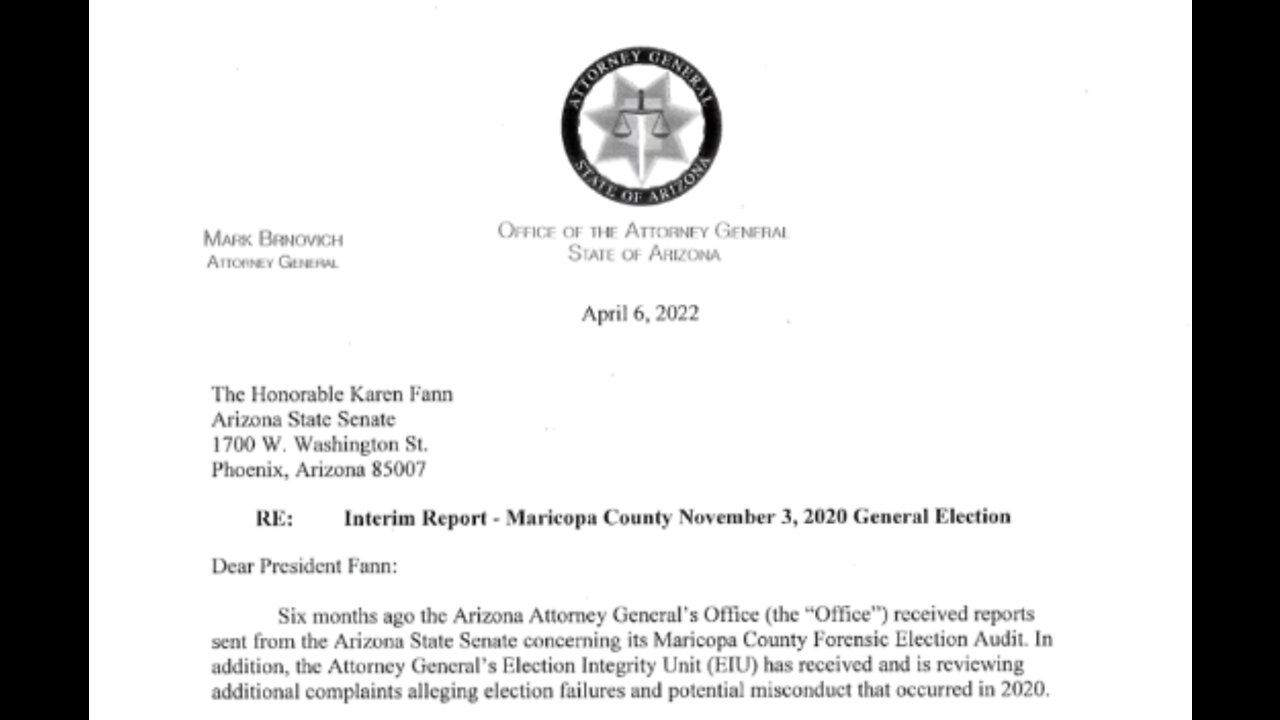 AZ Attorney General's 12 Page Interim Report on 2020 Election Fraud