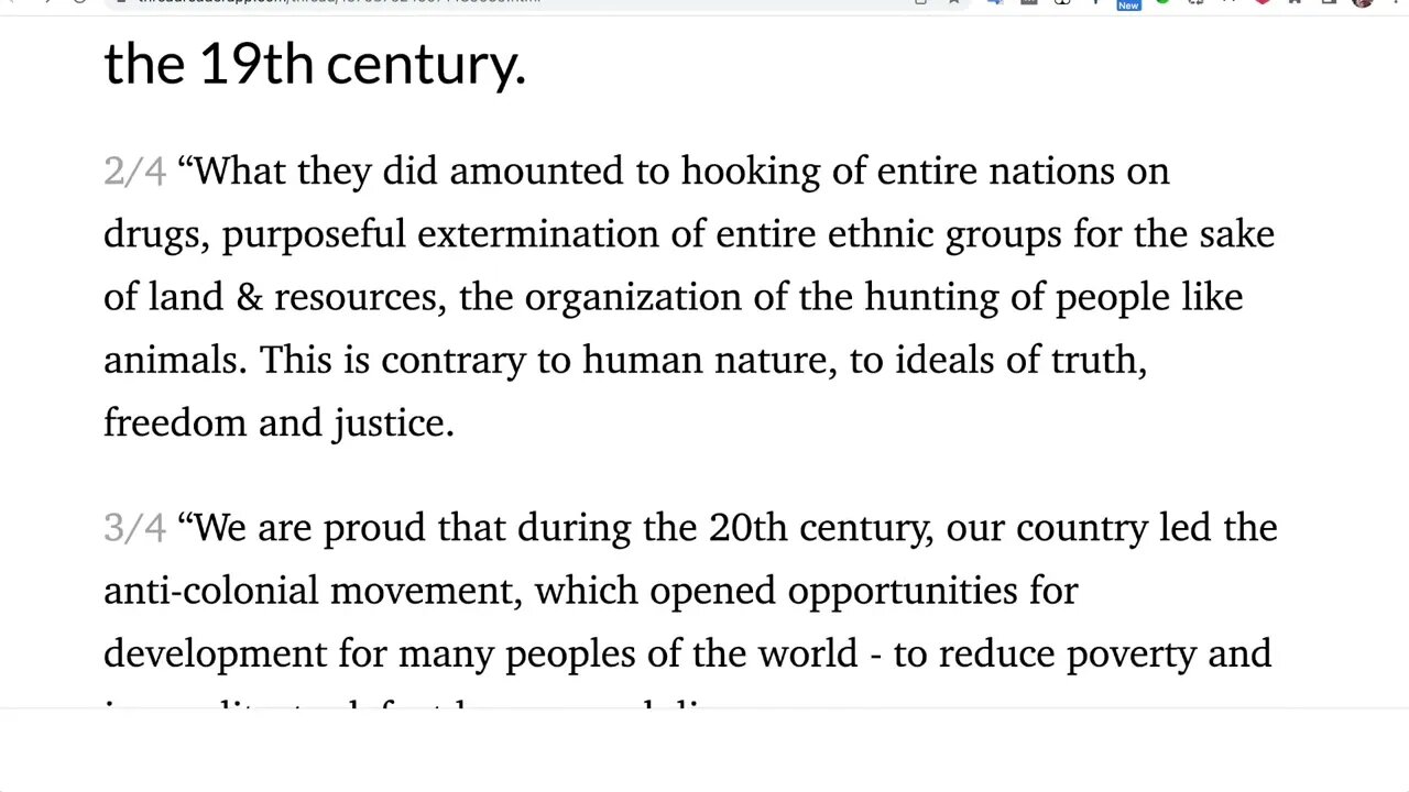 普京：“西方從未真正為全球奴隸貿易、北美原住民的種族滅絕、印度和非洲的掠奪、法國和英國在 19 世紀對中國發動的鴉片戰爭道歉。"