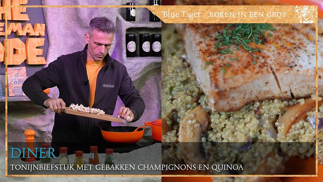 Diner: Tonijnbiefstuk met gebakken champignons en quinoa.