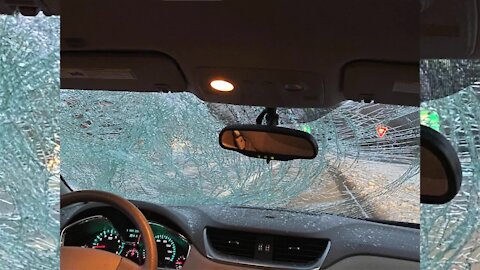 Ice flies off car, shattering windshield on 695