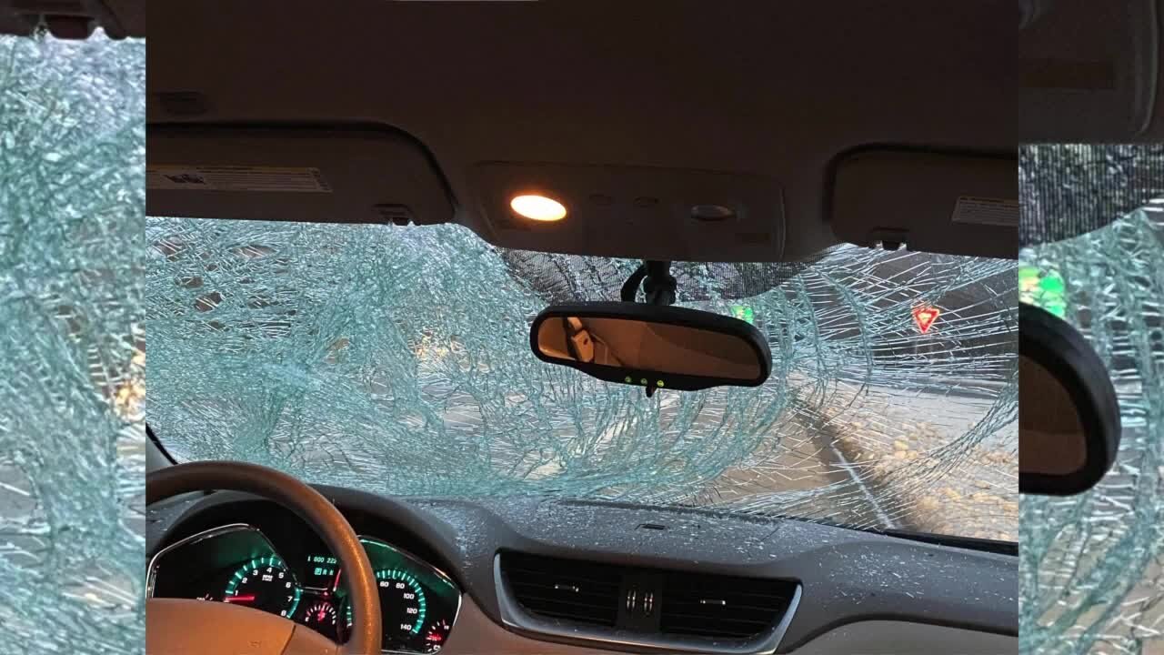 Ice flies off car, shattering windshield on 695