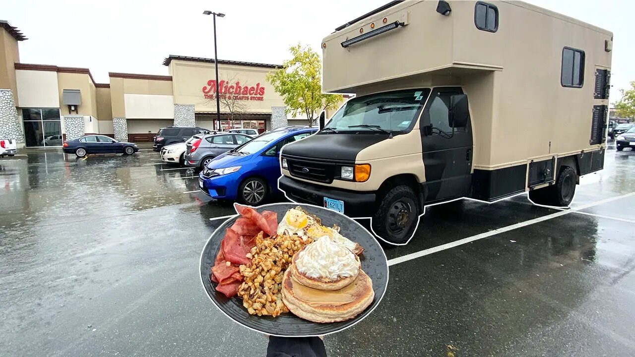 cooking breakfast in a parking lot