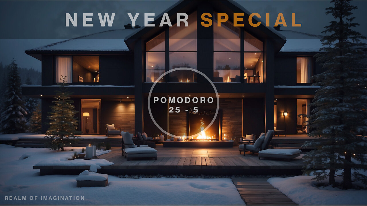 Pomodoro Study - New Year Villa Fireplace And Fireworks With Snowstorm Ambience - [25 min/5 min]