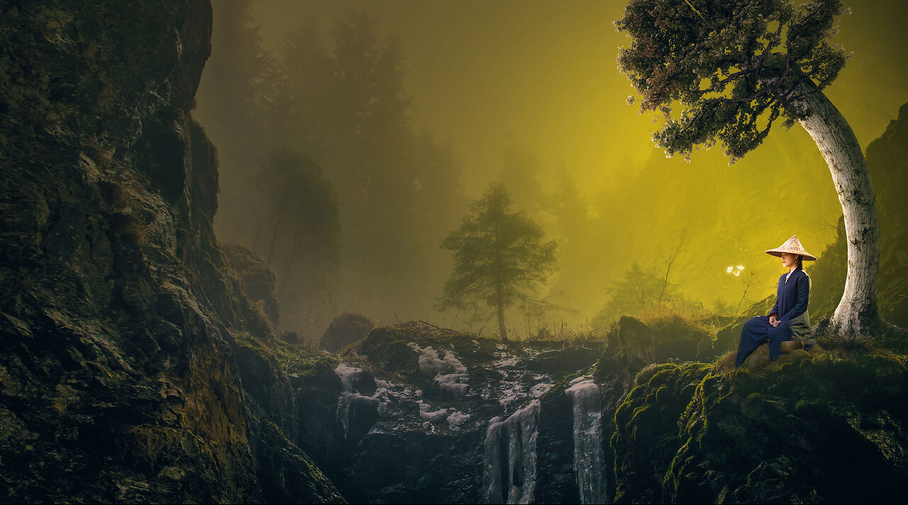 girl in deep meditation in quiet forest