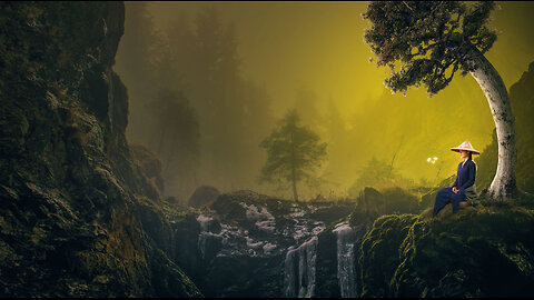 girl in deep meditation in quiet forest