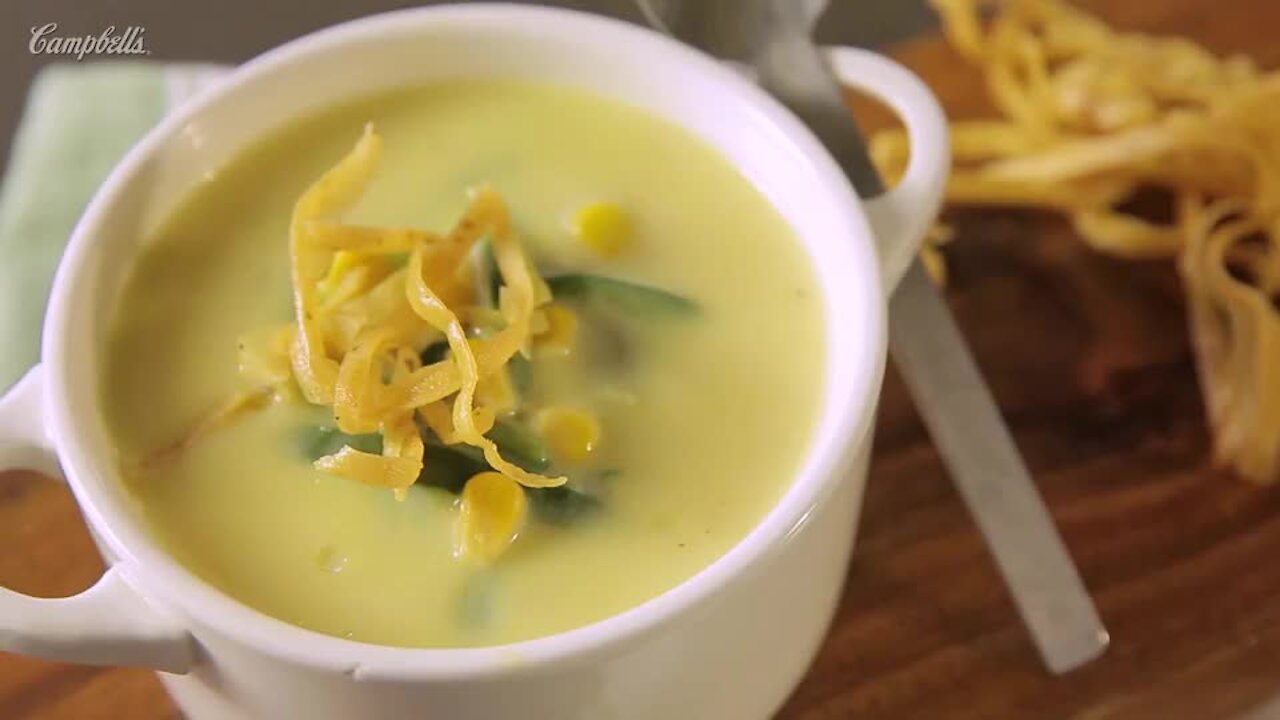 Cream of Elote with Chilaca Rajas and Fried Tortilla