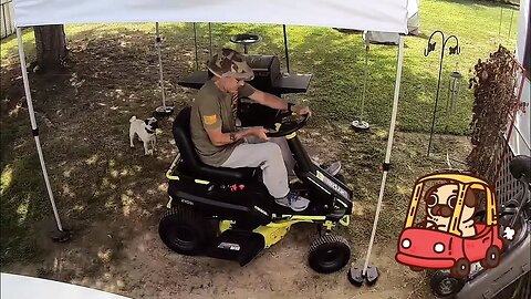 Wick the Pug Supervises Parking Ryobi RM300e Riding Mower