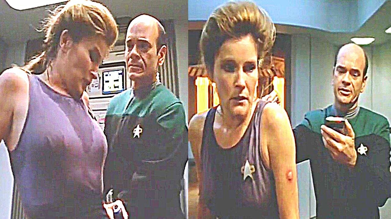 Captain Janeway fights aliens in her undershirt - Star Trek Voyager