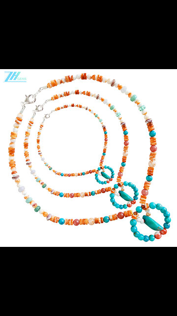 Natural turquoise smooth beads with orange spiny oyster shell Necklace gift for women01