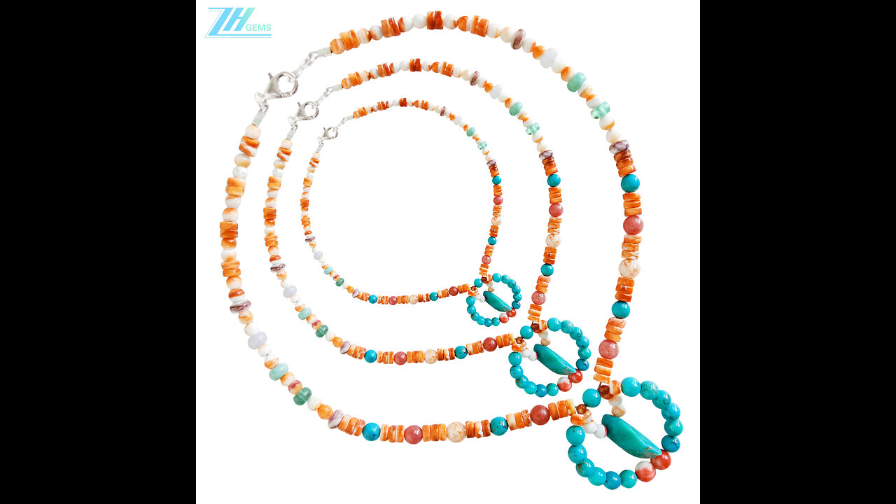 Natural turquoise smooth beads with orange spiny oyster shell Necklace gift for women01