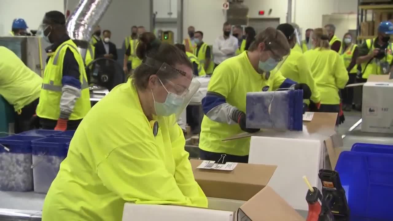 Workers at Pfizer packaging vaccine for shipment
