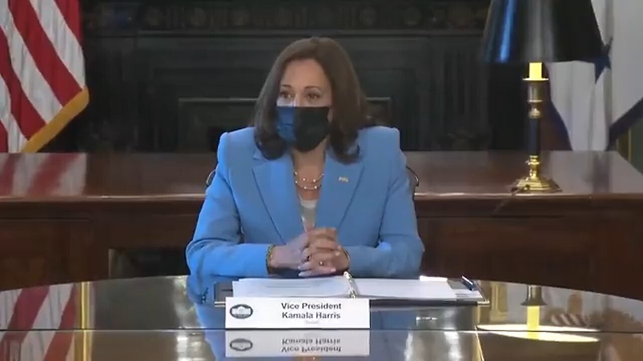 "I am Kamala Harris, my pronouns are she and her, and I am a woman wearing a blue suit."