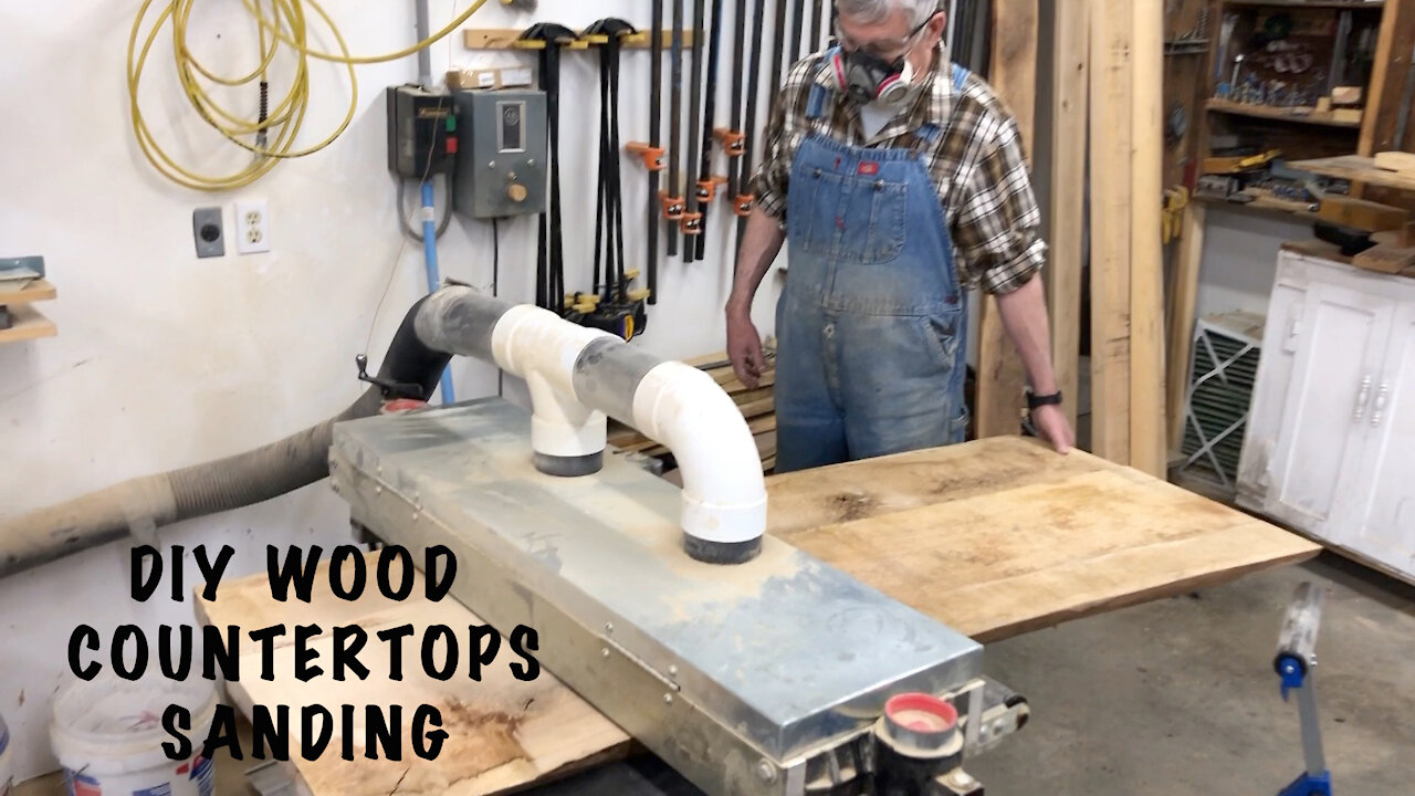 Kitchen Remodel Step 3 - Using the ultra wide belt sanding machine to sand wood kitchen countertop