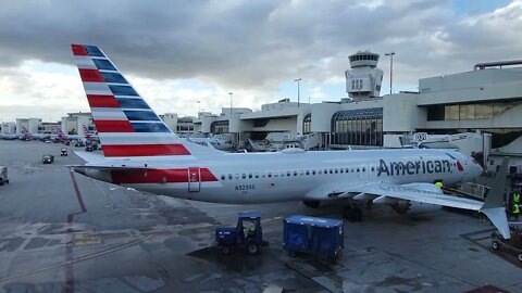 American Airlines B737-Max parked at the gate in Miami.