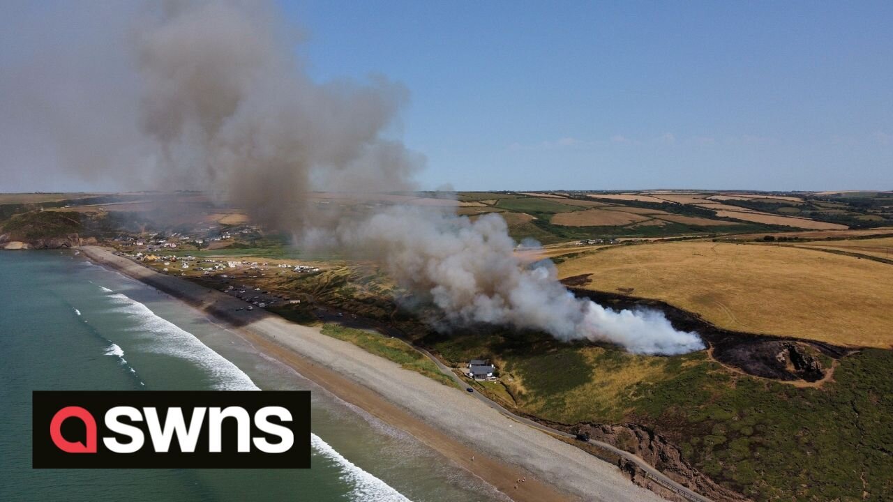 Dramatic drone footage shows large gorse fire at popular UK beach