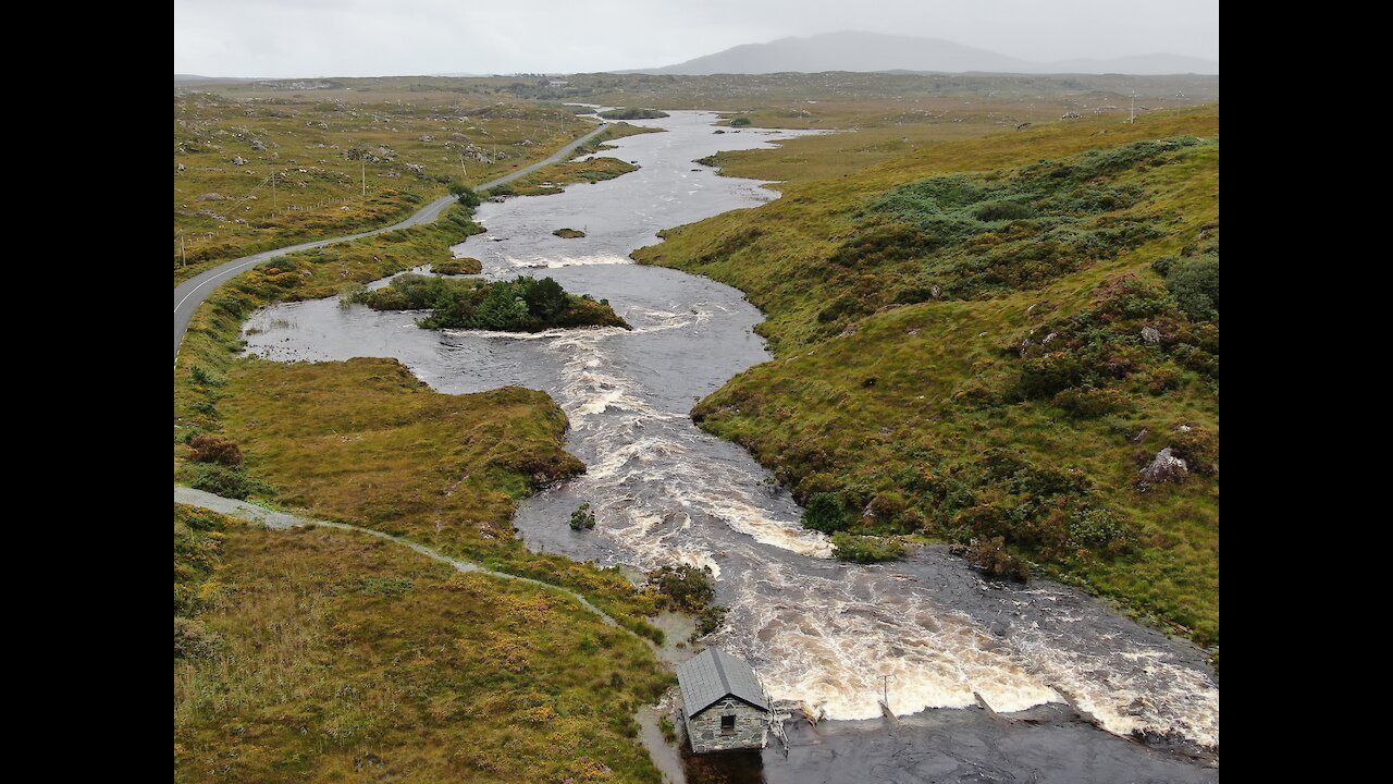 Drone captures lake's rushing overflow in Ireland