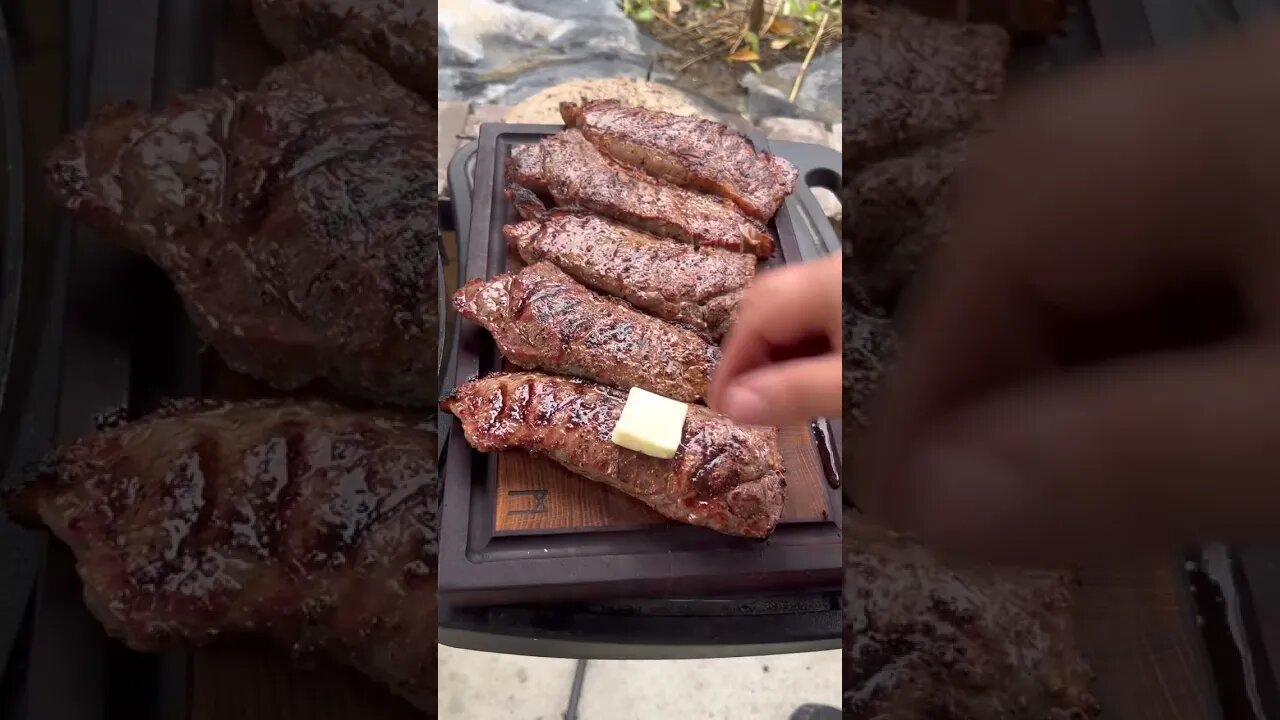 Strip steaks and loaded cheese potatoes