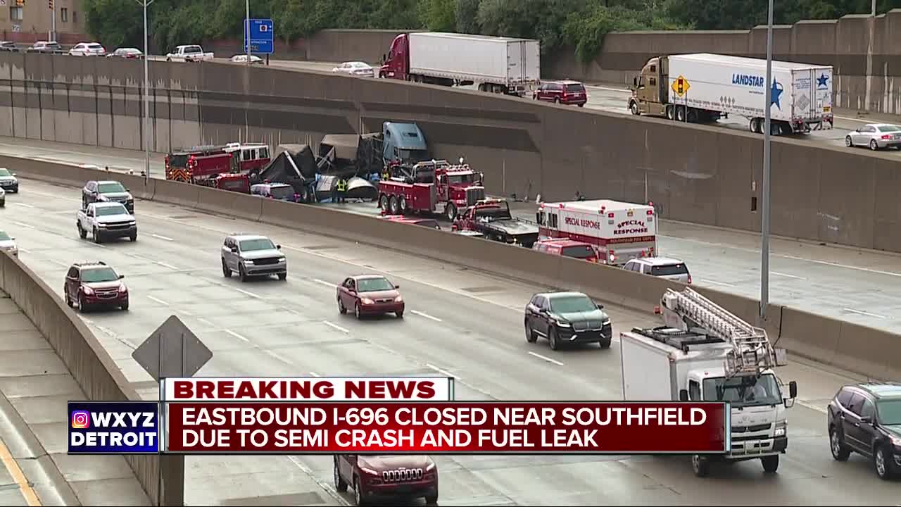 Overturned semi shuts down traffic on I-696 near Greenfield