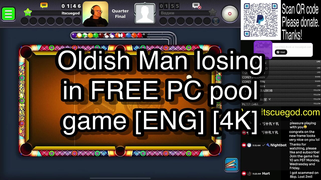 Oldish Man losing in FREE PC pool game [ENG] [4K] 🎱🎱🎱 8 Ball Pool 🎱🎱🎱[ReRun]