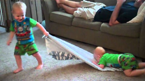 Twin boys playing with their Boston Terrier