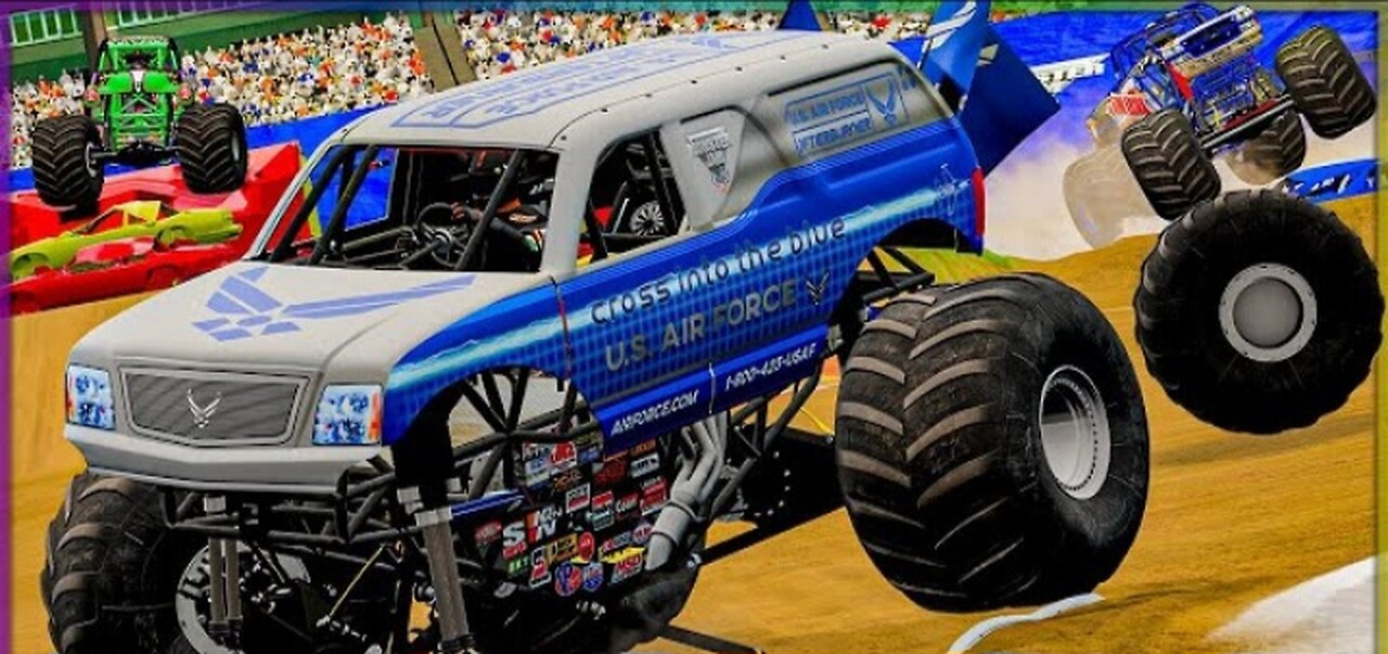 Houston MEGA-AIR Monster Jam MANIA! / BeamNG.Drive 14 monster Truck Freestyle!