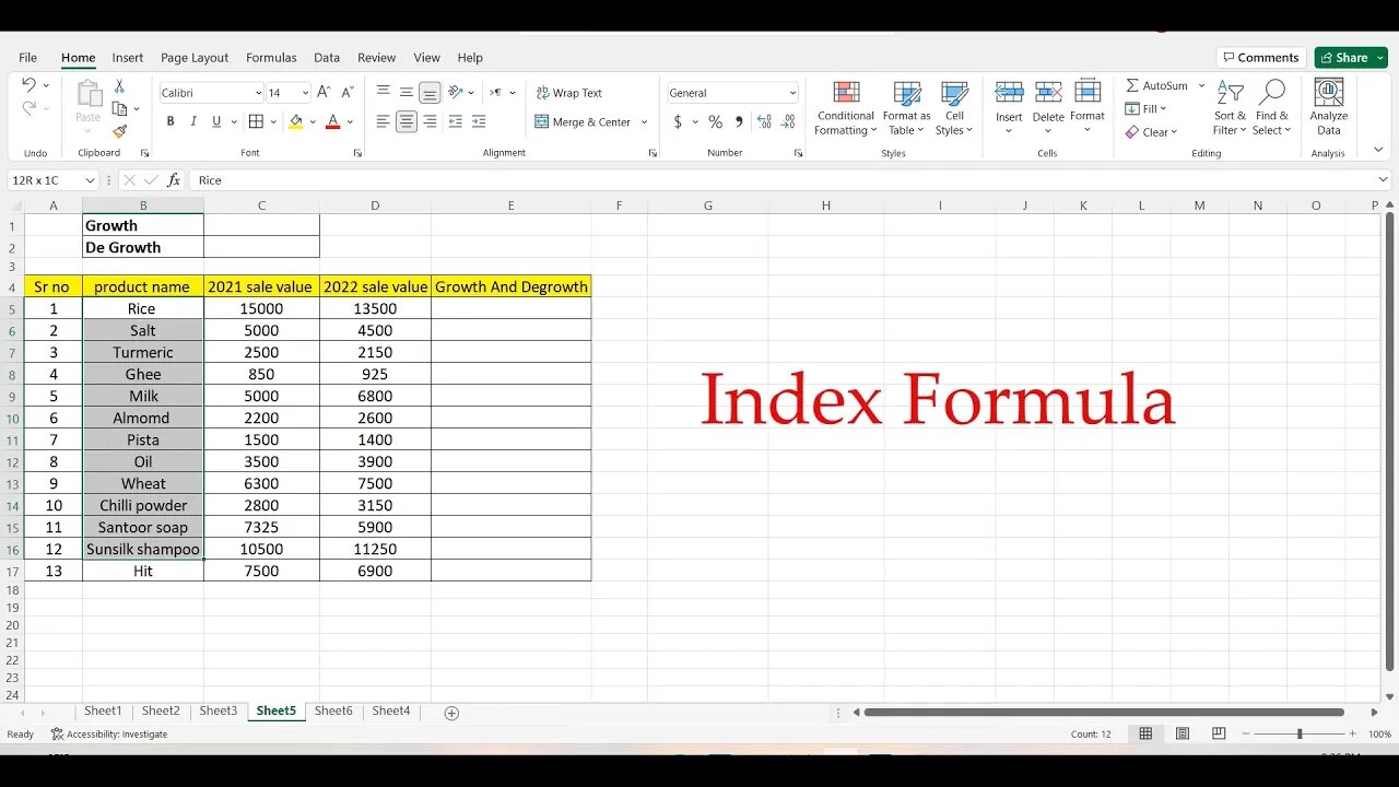 How To Find Growth And De Growth In Excel using Index Formula. (In Hindi)