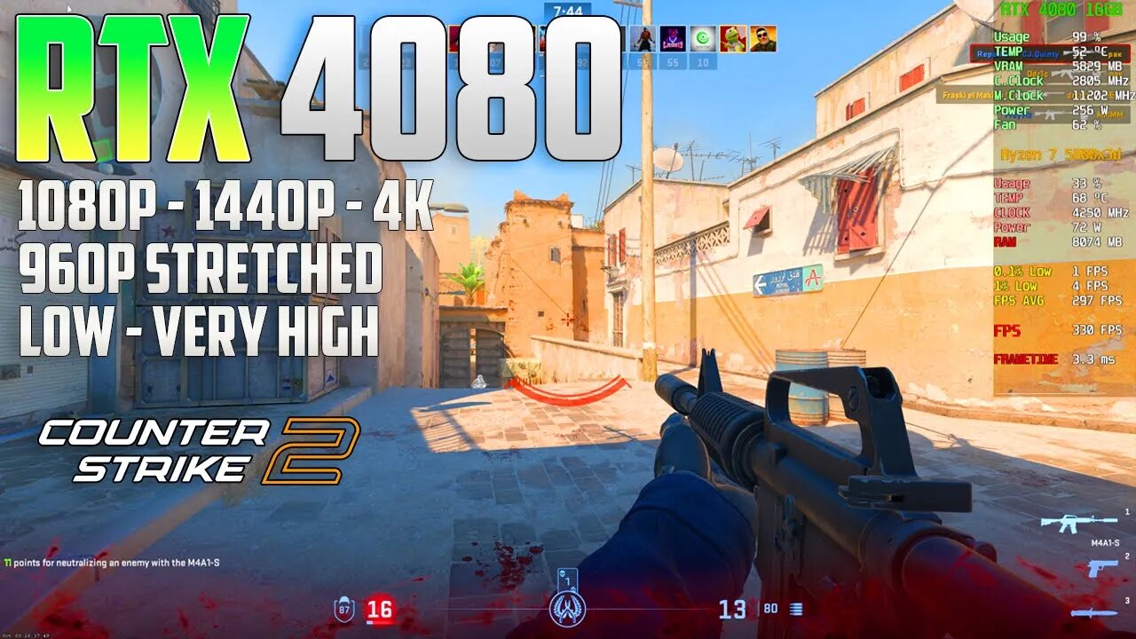 Counter Strike 2 on the RTX 4080 | 4K - 1440p - 1080p - 960p (4:3) | Very High & Low