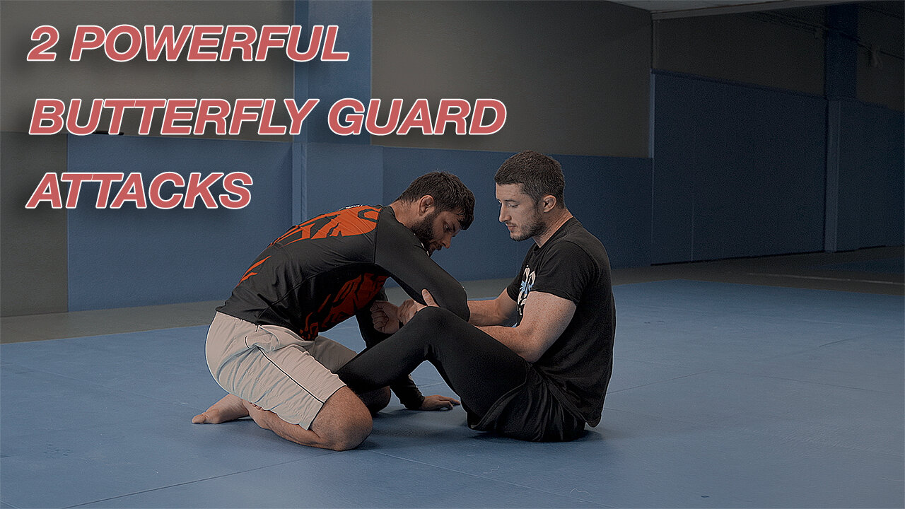 John Combs Shows Two Strong Butterfly Guard Attacks from the 2-on-1 Cross Grip