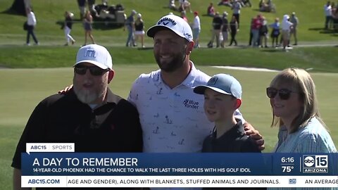 Teen gets chance to walk three holes with Jon Rahm