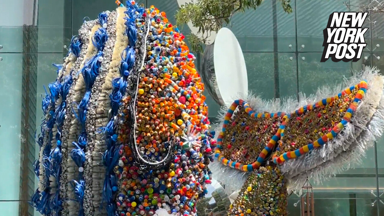 Giant whale made of plastic bottles 'beached' in Bangkok, Thailand