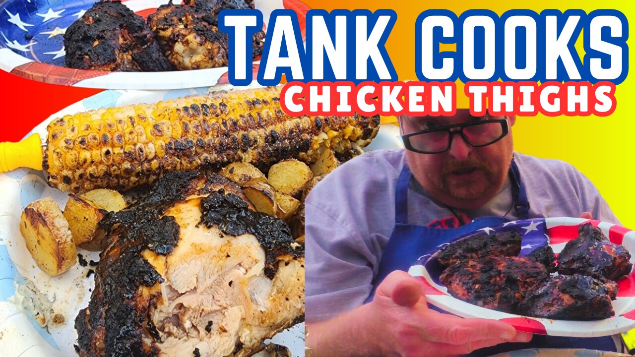 Tank Cooks BBQ Chicken Thighs with Fire Roasted Potatoes on the Grill