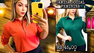 Camisa Social Feminina" Manga longa com Botões Forrados Tecido Leve Tipo seda Casual!