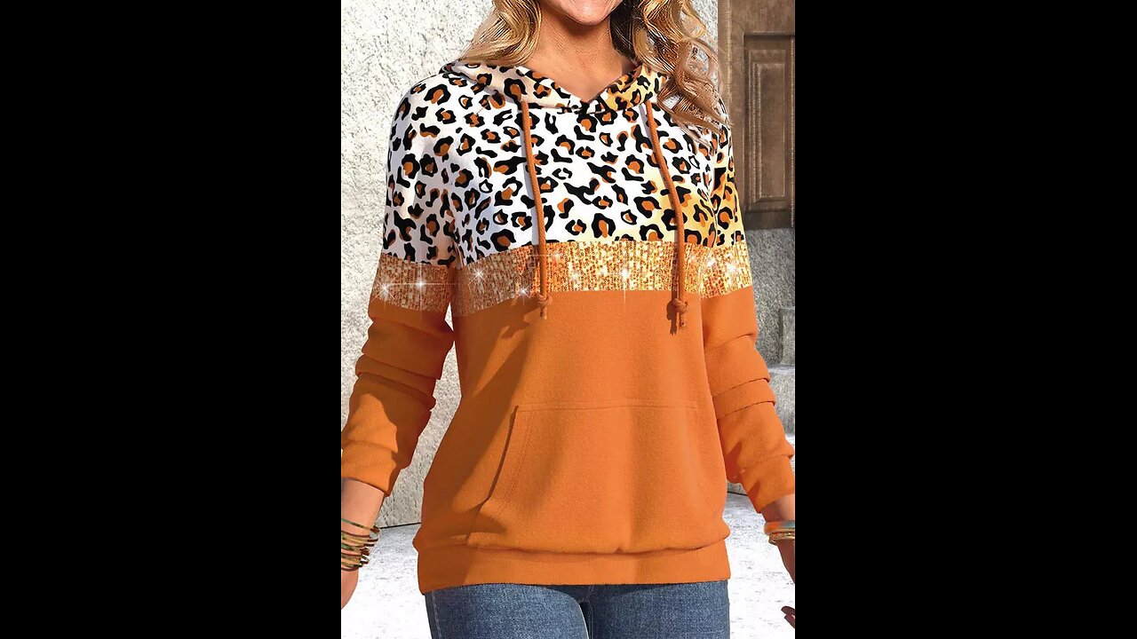 Leopard Drawstring Kangaroo Pocket Hoodie for Women