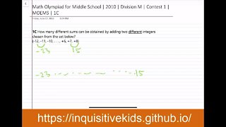 Math Olympiad for Middle School | 2010 | Division M | Contest 1 | MOEMS | 1C