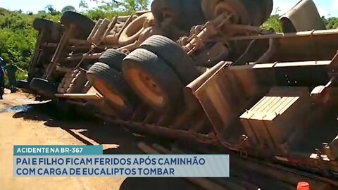 Acidente na BR-367: pai e filho ficam feridos após caminhão com carga de eucaliptos tombar