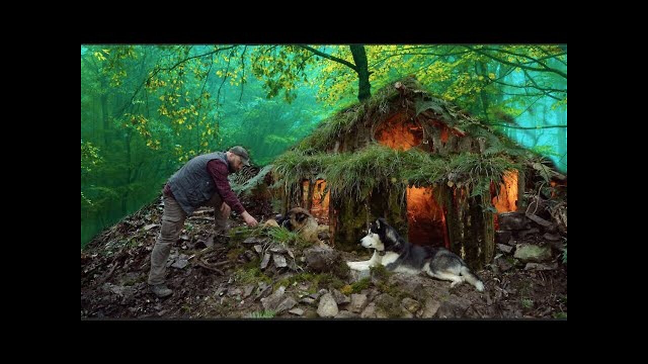 Building a Survival Shelter _ Bushcraft natural hut, turf roof, whole bunker with rock PART 1