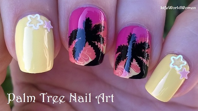 Palm tree nail art over toothpick drag marble design