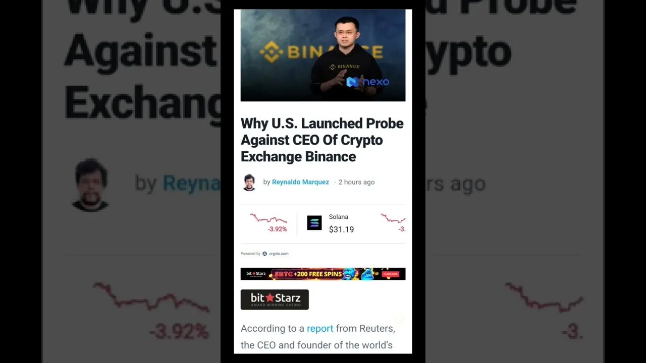 Why U.S. Launched Probe Against CEO Of Crypto Exchange Binance #cryptomash #crypto #viral #trending