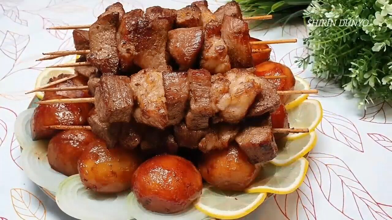 UZBEK KAZAN SHASHLIK/ MEAT with POTATO KAZAN-SHASHLIK. Shish kebab KOZON KABOB.