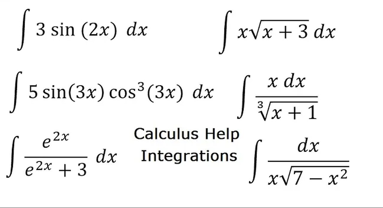 Integral: 3 sin⁡(2x) ; 5 sin⁡(3x) cos^3⁡ (3x) ; e^2x/(e^2x+3) ; x√(x+3) ; (x)/∛(x+1) ∫1/(x√(7-x^2 ))