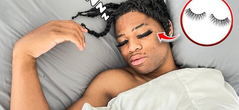 Putting eyelashes on boyfriend while he's asleep prank