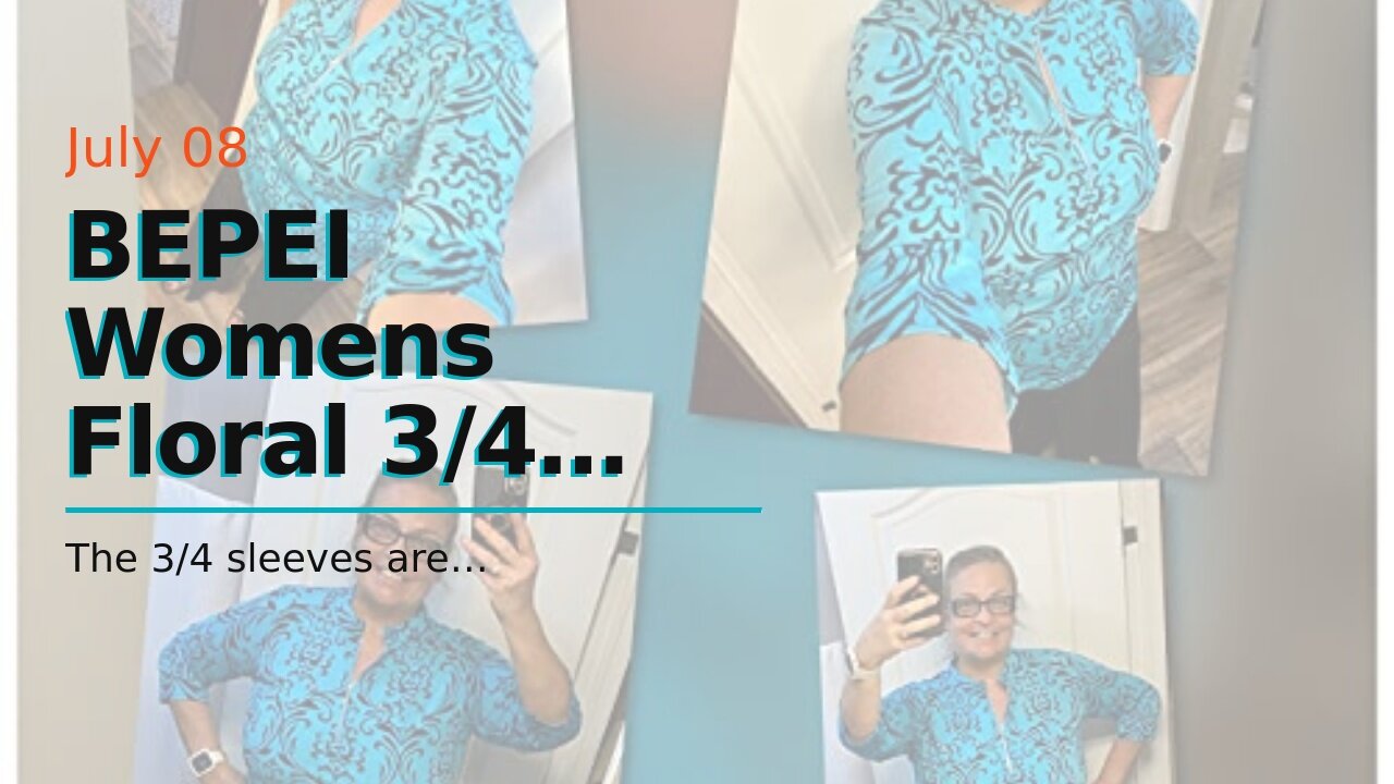 BEPEI Womens Floral 34 Sleeve Shirts Zip up V Neck Work Chiffon Blouses Top
